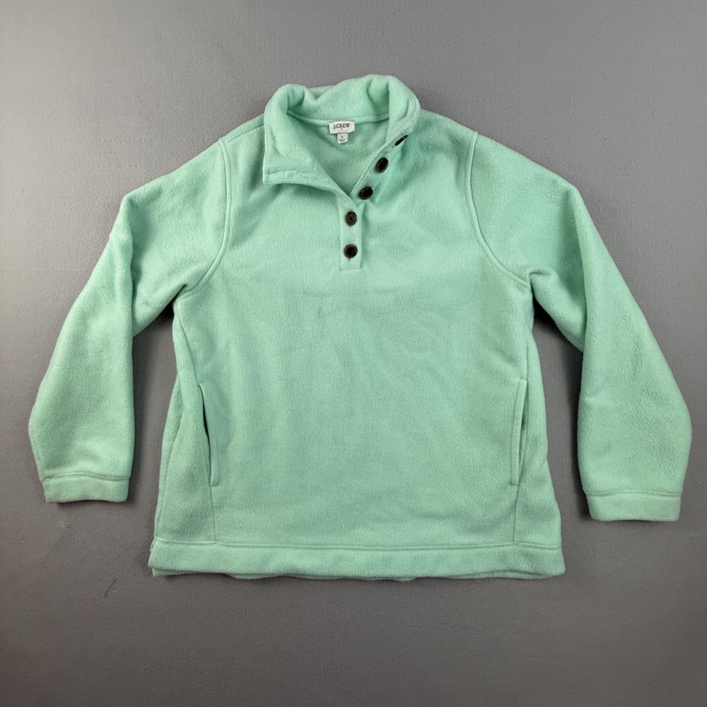 J.Crew Fleece Pullover Women Large Mint Green Button Mock Neck Soft Pocket